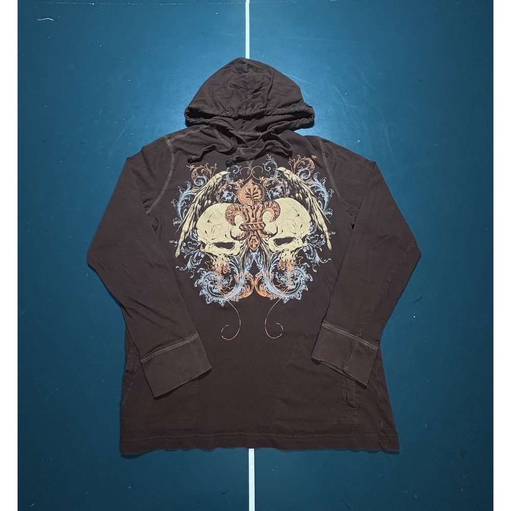 Y2K No Boundaries Hoodie Mens M Cross Skulls Dark Brown Grunge Skater Wings - Picture 1 of 9